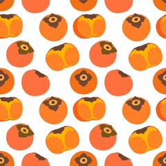 Persimmon seamless background. Whole persimmon and halves of persimmon. Suitable for textiles, fabrics, wrappers, children's illustrations, etc.