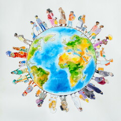 Illustration of migrant people different nationalities around Earth.Picture created with watercolors.