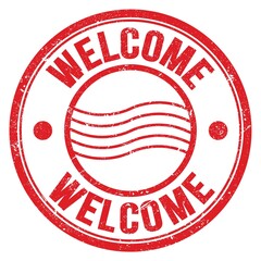 WELCOME text written on red round postal stamp sign