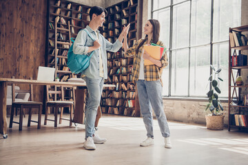 Full length body size view of two attractive cheerful learners giving high five knowledge at loft industrial interior indoors