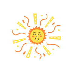 Vector illustration of a cute smiling sun with bright rays with an ornament in a minimalistic abstract style. A positive universal illustration, print or logo in warm spring or summer colors