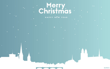 Christmas and new year blue greeting card with white cityscape of Zurich