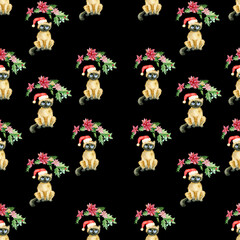 Cat in a Christmas cap on a black background seamless pattern