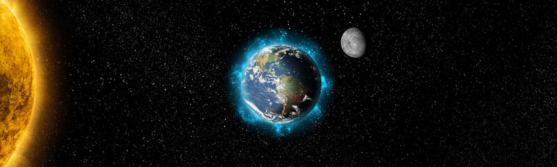 Sun star and planet earth and moon in space front view. Cosmic background.Solar system.Elements of this image furnished by NASA