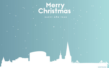 Fototapeta na wymiar Christmas and new year blue greeting card with white cityscape of Dortmund