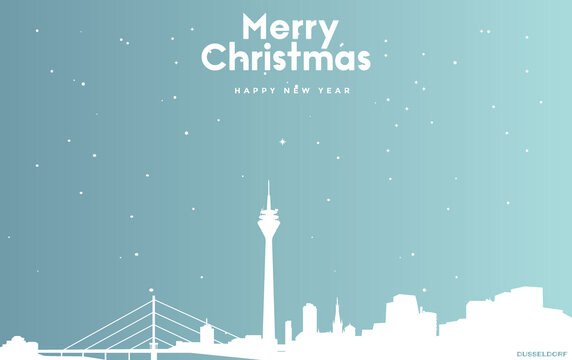 Christmas and new year blue greeting card with white cityscape of Dusseldorf