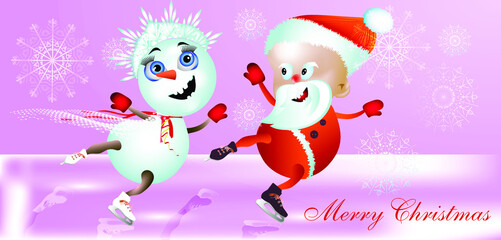 Jolly Santa and the snowman skate. Merry Christmas vector  illustration

