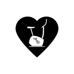 Stationary bike icon with heart. Health, medicine, sport and equipment, exercise bicycle symbol. Black silhouette. Vector illustration and clipart on a white background.