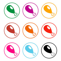 Chicken leg and drumstick. Set of vector round colored icons. Clipart and illustration on white background. 