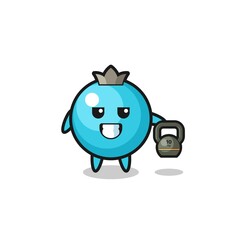 blueberry mascot lifting kettlebell in the gym