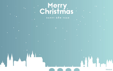 Christmas and new year blue greeting card with white cityscape of Prague