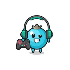blueberry gamer mascot holding a game controller