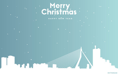 Christmas and new year blue greeting card with white cityscape of Rotterdam