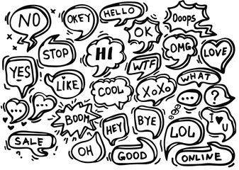 Hand-drawn doodle speech bubbles set. Communication tags. Clouds for online chat with different words Suitable for dialogue to illustrate reactions. Vector illustration.