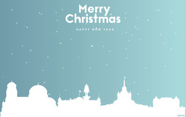 Christmas and new year blue greeting card with white cityscape of Sofia