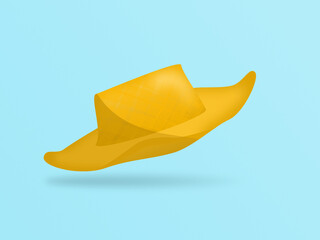 Concept objects travel. A hat for traveling in the sun in the summer placed on a blue background. Illustration 3D for content hat for traveling beach, equipment for holiday.	