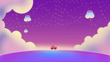 Obraz na płótnie Canvas Concept objects travel background. red car running on the road In the evening, with clouds and stars in the sky. Illustration 3D for content sweet dream, relax time, happy holidays.