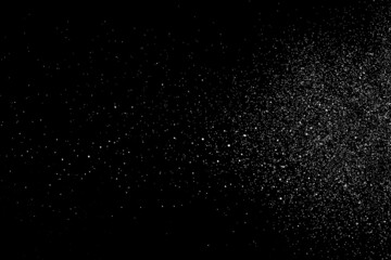 Distressed white grainy texture. Dust overlay textured. Grain noise particles. Snow effects pack. Rusted black background. Vector illustration, EPS 10.  