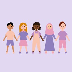 Flat ilustration vector graphic of people chain with different culture holding hands together in soft purple theme showing friendship, diversity, multicultural