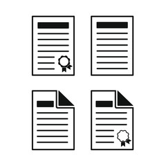 A set of four isolated document icons on a white background, black fill, black outline, vector illustration