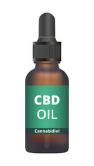 Vector illustration of an amber glass dropper bottle with CBD oil isolated on a white background. Cannabidiol – Hemp oil, cannabis oil with health benefits. Anti-anxiety, anti-psychotic effects.