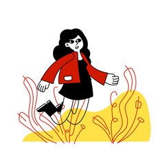 Young woman jump. Joy and enjoyment of life. A modern outline trendy female character. Happy girl in active motion.