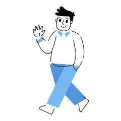 Man walk on white background. Gesture of greeting. Modern trendy geometric fat character. Outline cartoon illustration on white background