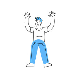 Man with hands up. Gesture of joy and enjoyment of life. Geometric linear modern character. Trendy outline cartoon illustration