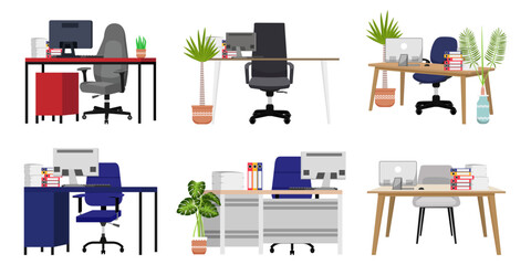 Modern desk set for home office freelancer with different design with chair table drawer cabinet some paper pile file folder and house plants isolated