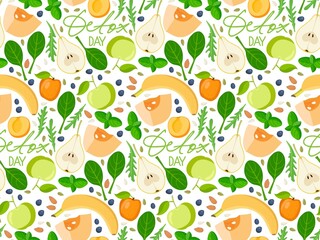 Fototapeta premium Seamless pattern with Detox day text and smoothie ingredients. Healthy fruits, vegetables, greens, seeds. Fresh energetic drink. Background for farmer market, restaurant menu, wallpaper, cover design.