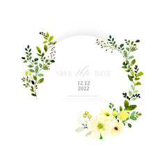 Watercolor invitation design with floral wreath on a round frame