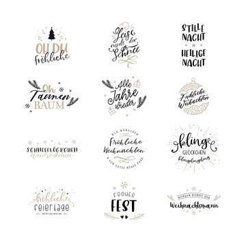 Various German Christmas sayings hand written, lovely typography with decoration, great for labels, tags, cards, invitations - vector design