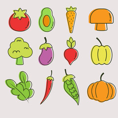 A set of icons of vegetables in juicy colors