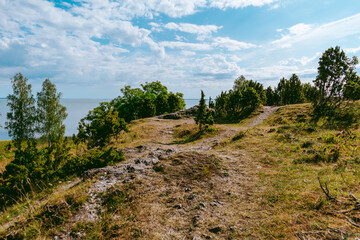 Fototapeta na wymiar Uugu bluff or cliff on the Muhu Island in Estonia, located by the Baltic sea and near the island of Saaremaa. Beautiful sunny day with blue sky, white clouds, forest and stone cliffs by the seaside.