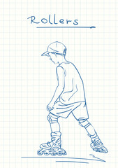 Boy learning to skate on rollers, Blue pen sketch on square grid notebook page, Hand drawn vector linear illustration