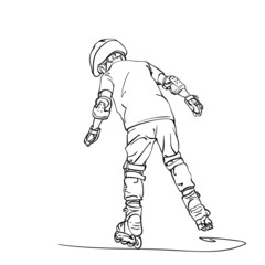 Sketch of boy learning to skate on rollers, View from back, Hand drawn vector linear illustration isolated on white background