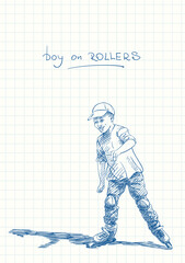 Boy learning to skate on rollers, Blue pen sketch on square grid notebook page, Hand drawn vector illustration