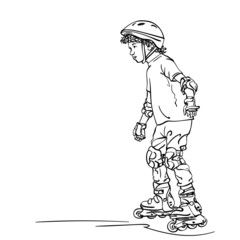 Sketch of boy learning to skate on rollers, Hand drawn vector linear illustration isolated on white background