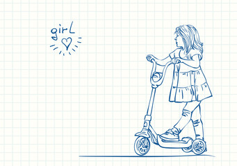 Cute preschooler girl in dress going to ride kick scooter, Blue pen sketch on square grid notebook page, Hand drawn vector linear illustration