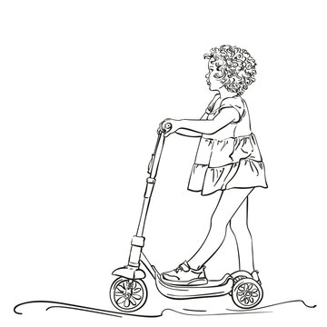 Sketch of sweet little curly girl going to ride kick scooter, Hand drawn vector linear illustration isolated on white background