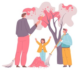 Children helping dad in garden cleaning leaves