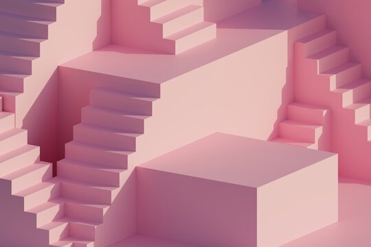 Minimalistic abstract staircase and cube podium from squid game pink background 3d illustration