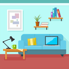 Modern Office workspace With Sofa Couch and Laptop - Vector Icon Illustration