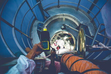 Worker hand holding gas detector inspection safety gas testing at front manhole stainless tank