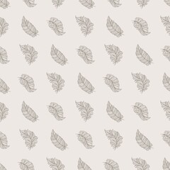 Seamless pattern with decorative feathers. Openwork grey leaves on a beige background. Template for fabrics, wallpaper, textiles, clothes, pillows, bed linen. Light pastel colors. Vector illustration.