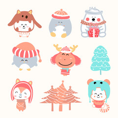 Obraz premium Cute cartoon characters dress up for Christmas. Vector illustration.