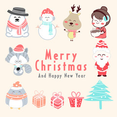 Cute cartoon characters dress up for Christmas. Vector illustration.