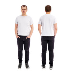 front and back view of handsome man in white t-shirt isolated on white background