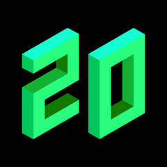 Light green number 20 in isometric style. Isolated on black background. Learning numbers, serial number, price, place.