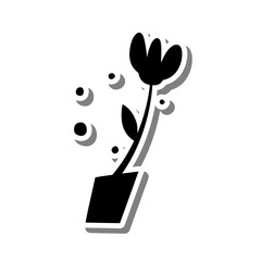Black single flower and dots silhouette. Doodle on white silhouette and gray shadow. Hand drawn cartoon style. Vector illustration for decorate, coloring and any design.